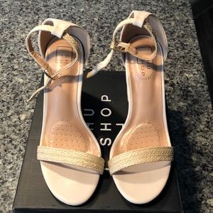 Nude Faux Leather Woven Strap Heels. NEVER WORN